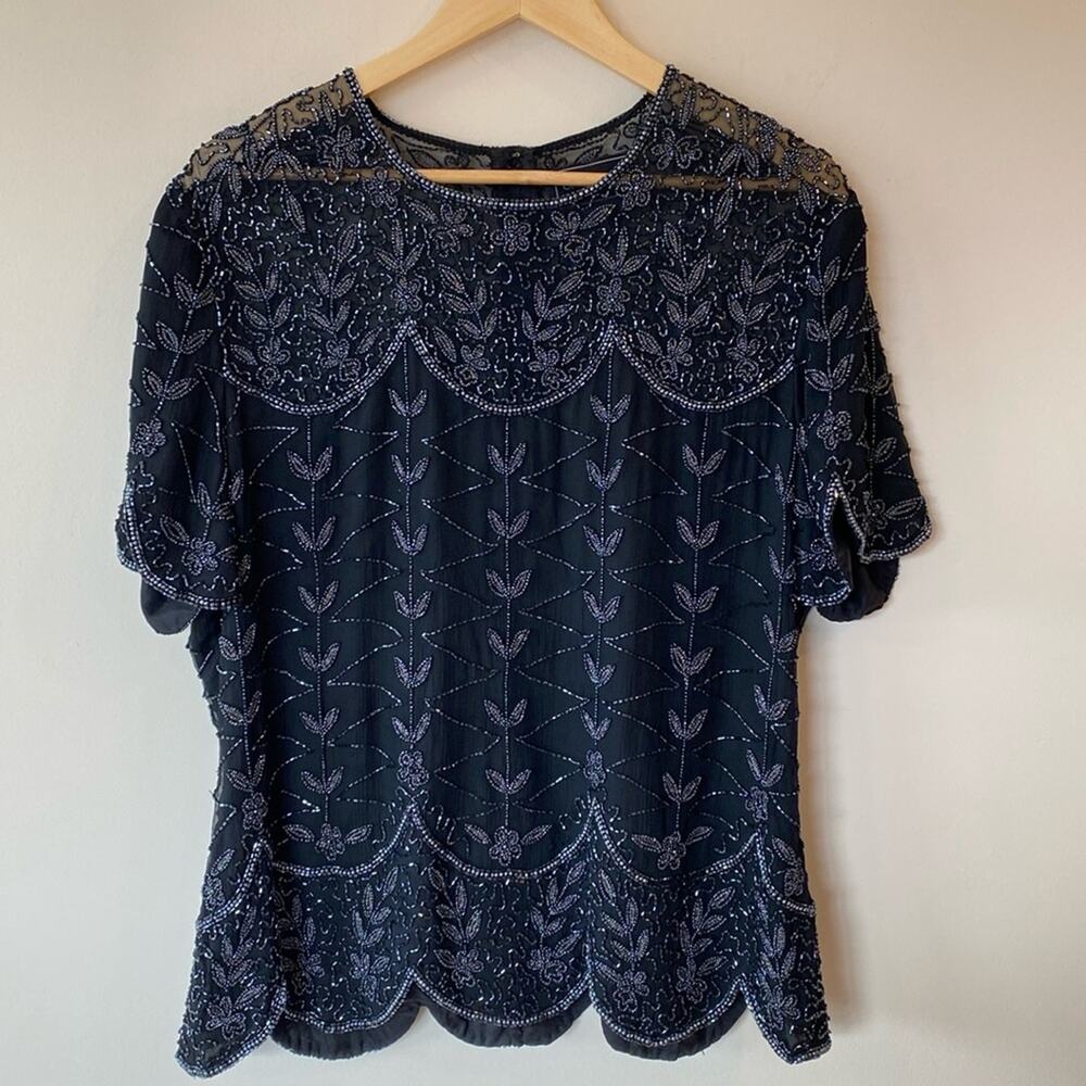 Cote d’ Azur Vintage 1980s Beaded Black Sequin Short Sleeve Blouse XL Classic